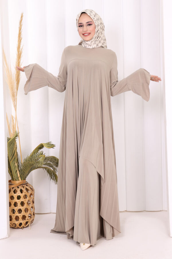 Pilise Detaylı Uzun Tunik ve Pantolon İkili Takım 8575 Vizon - 1