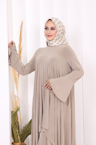 Pilise Detaylı Uzun Tunik ve Pantolon İkili Takım 8575 Vizon - 3