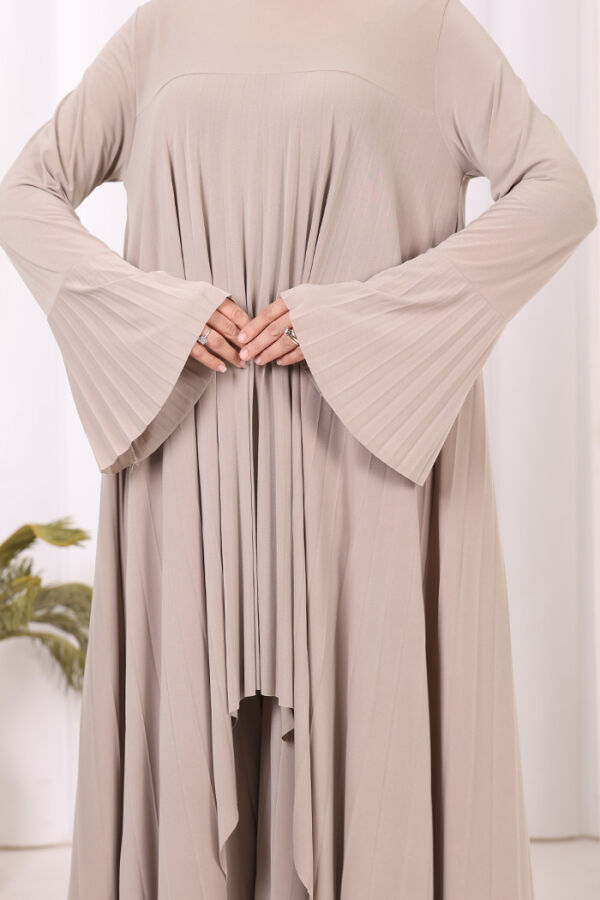 Pilise Detaylı Uzun Tunik ve Pantolon İkili Takım 8575 Vizon - 4