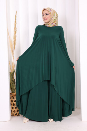 Pilise Detaylı Uzun Tunik ve Pantolon İkili Takım 8575 Zümrüt - 2