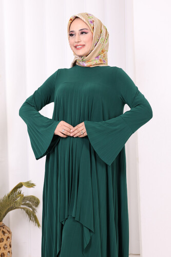 Pilise Detaylı Uzun Tunik ve Pantolon İkili Takım 8575 Zümrüt - 5