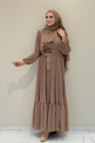 Piliseli Fırfır Görünümlü Bel Kuşaklı Şifon Elbise 3628 Vizon - Bym Fashion