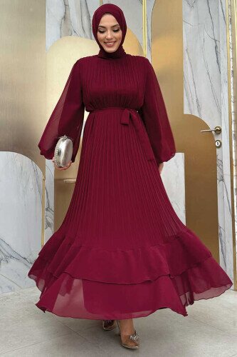 Piliseli Kat Kat Detaylı Astarlı Elbise 3836 Bordo - Bym Fashion