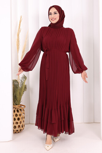 Piliseli Kat Kat Detaylı Astarlı Elbise 3836 Bordo 