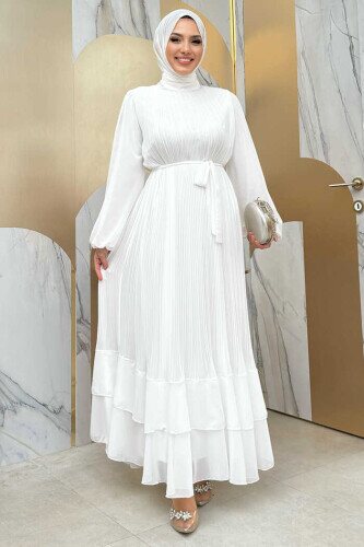 Piliseli Kat Kat Detaylı Astarlı Elbise 3836 Ekru - Bym Fashion