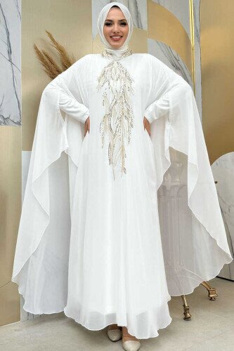 Pul Payet İşlemeli Şifon Pelerinli Elbiseli Abiye Takım 3774 Ekru 
