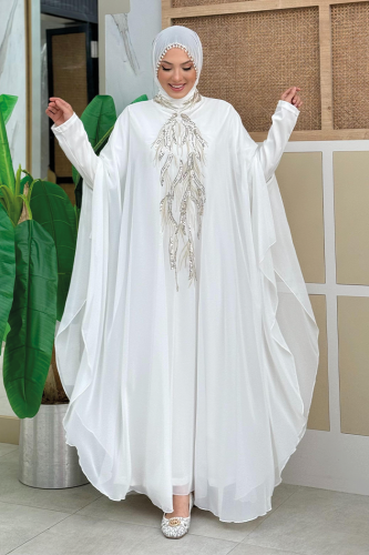 Pul Payet İşlemeli Şifon Pelerinli Elbiseli Abiye Takım 3774 Ekru - bym fashion