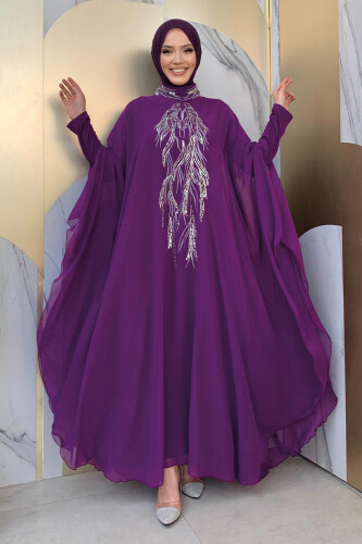 Pul Payet İşlemeli Şifon Pelerinli Elbiseli Abiye Takım 3774 Mor 