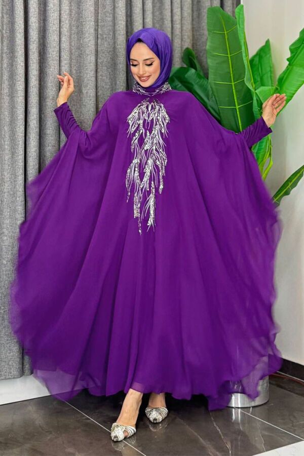 Pul Payet İşlemeli Şifon Pelerinli Elbiseli Abiye Takım 3774 Mor - 1