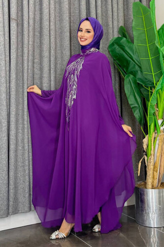 Pul Payet İşlemeli Şifon Pelerinli Elbiseli Abiye Takım 3774 Mor - 2