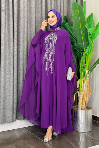 Pul Payet İşlemeli Şifon Pelerinli Elbiseli Abiye Takım 3774 Mor - 3