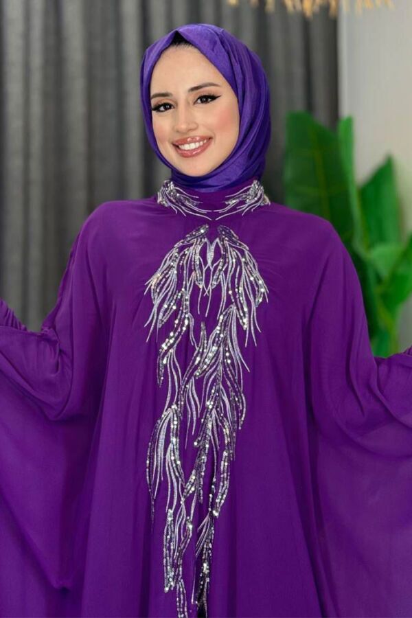 Pul Payet İşlemeli Şifon Pelerinli Elbiseli Abiye Takım 3774 Mor - 4