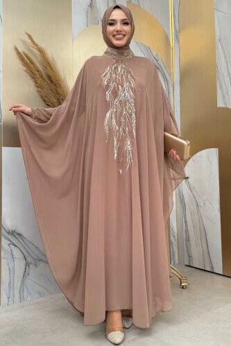 Pul Payet İşlemeli Şifon Pelerinli Elbiseli Abiye Takım 3774 Vizon 