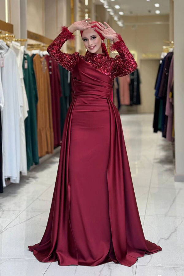 Pul Payet Saten Abiye 7064 Bordo - 1