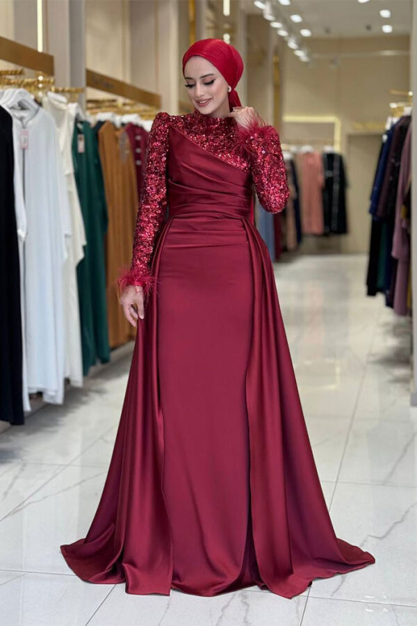 Pul Payet Saten Abiye 7064 Bordo - 2