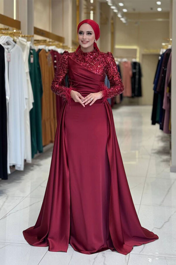 Pul Payet Saten Abiye 7064 Bordo - 3