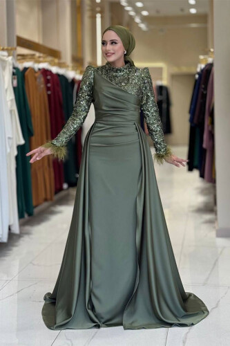 Pul Payet Saten Abiye 7064 Haki - Bym Fashion