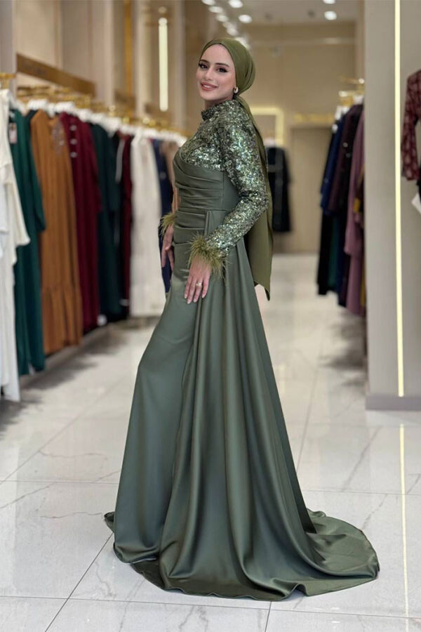 Pul Payet Saten Abiye 7064 Haki - 3