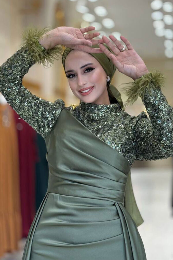 Pul Payet Saten Abiye 7064 Haki - 4