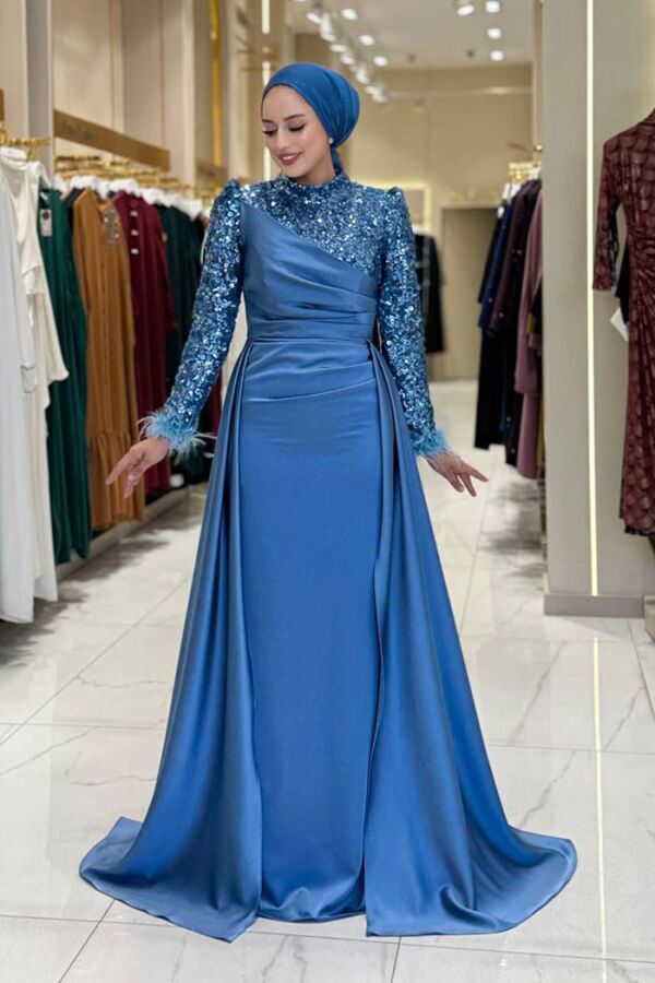 Pul Payet Saten Abiye 7064 İndigo - 1