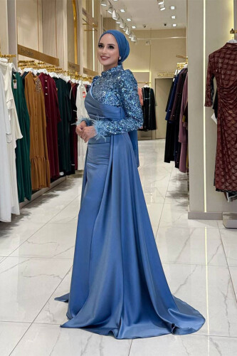 Pul Payet Saten Abiye 7064 İndigo - 3