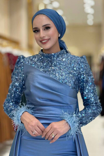 Pul Payet Saten Abiye 7064 İndigo - 4