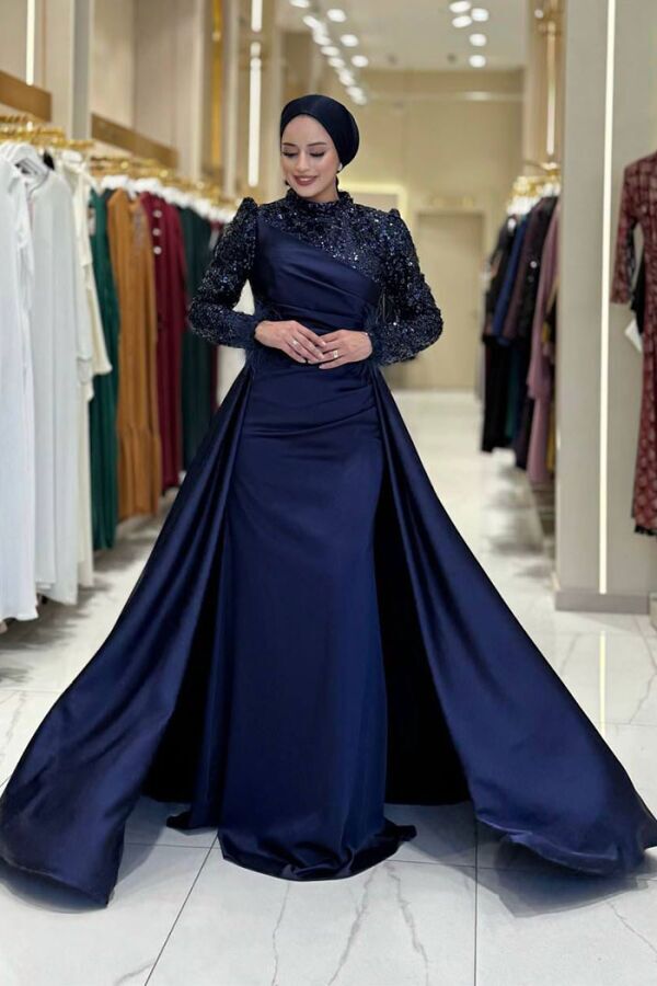 Pul Payet Saten Abiye 7064 Lacivert - 2