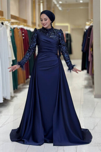 Pul Payet Saten Abiye 7064 Lacivert - 3