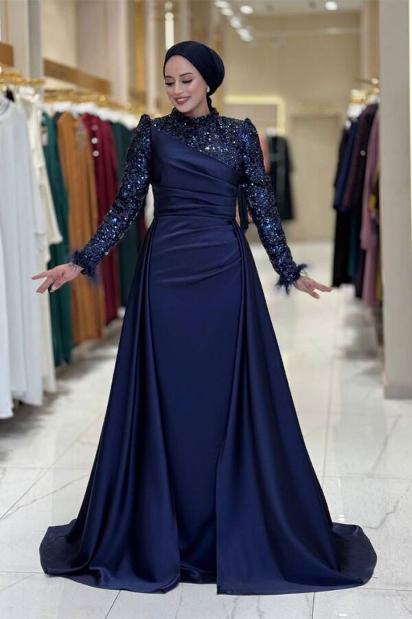 Pul Payet Saten Abiye 7064 Lacivert - 3