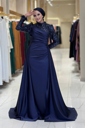 Pul Payet Saten Abiye 7064 Lacivert - Bym Fashion