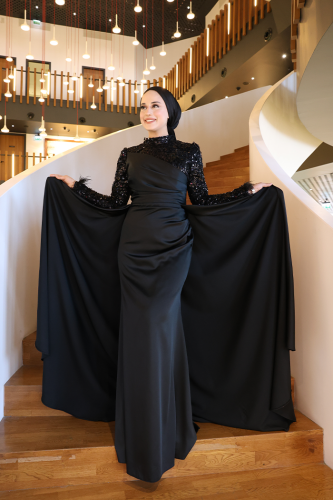 Pul Payet Saten Abiye 7064 Siyah - Bym Fashion