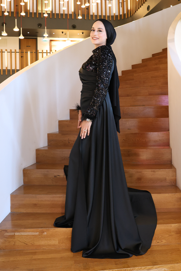 Pul Payet Saten Abiye 7064 Siyah - 3