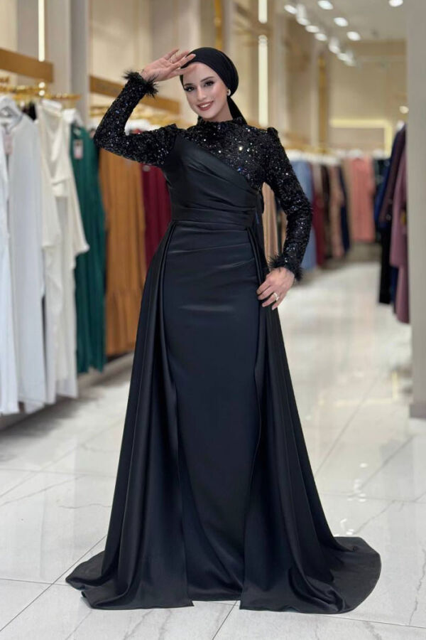 Pul Payet Saten Abiye 7064 Siyah - 1