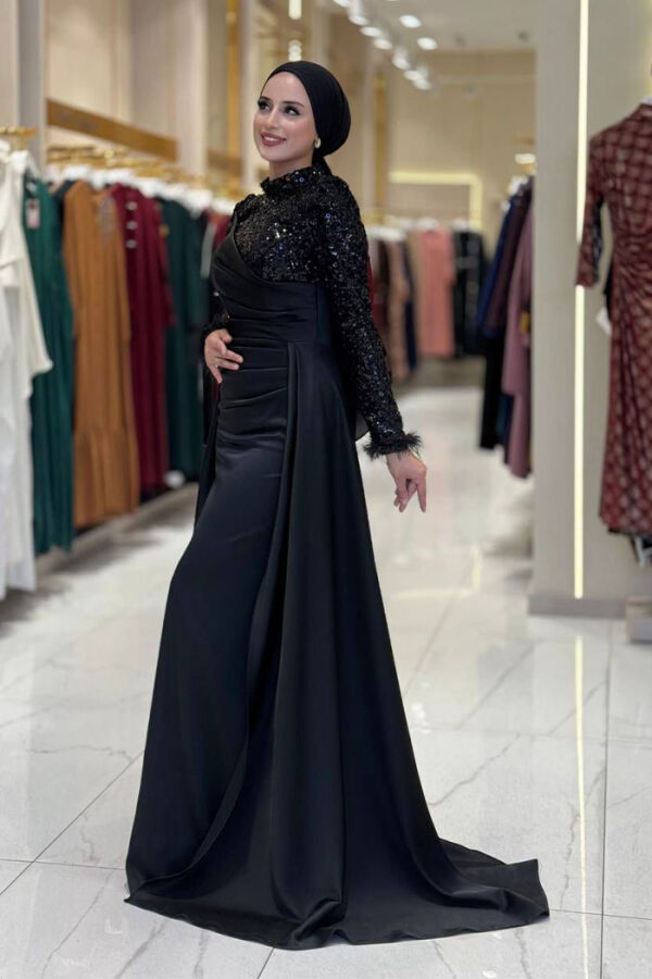 Pul Payet Saten Abiye 7064 Siyah - 3