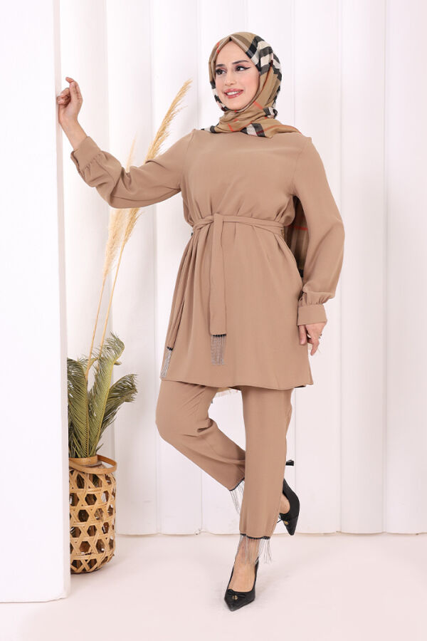 Püskül Detaylı Tunikli Pantolon İkili Takım 8424 Vizon - 1