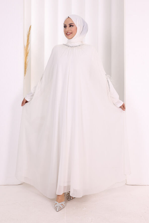 Püsküllü Yakası Taş Detaylı Abayalı Elbise Takım 8494 Ekru - 1
