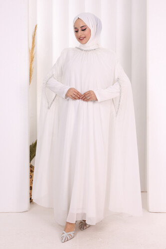 Püsküllü Yakası Taş Detaylı Abayalı Elbise Takım 8494 Ekru - 2