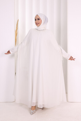 Püsküllü Yakası Taş Detaylı Abayalı Elbise Takım 8494 Ekru - 3