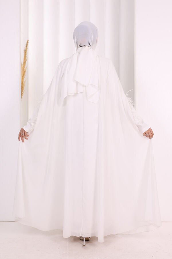 Püsküllü Yakası Taş Detaylı Abayalı Elbise Takım 8494 Ekru - 4