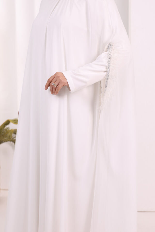 Püsküllü Yakası Taş Detaylı Abayalı Elbise Takım 8494 Ekru - 6