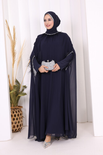 Püsküllü Yakası Taş Detaylı Abayalı Elbise Takım 8494 Lacivert - Bym Fashion