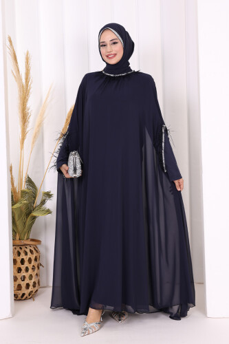 Püsküllü Yakası Taş Detaylı Abayalı Elbise Takım 8494 Lacivert 