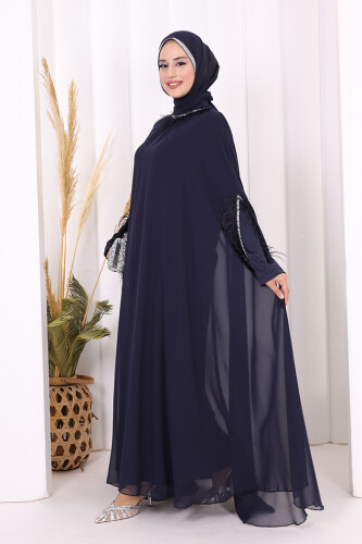 Püsküllü Yakası Taş Detaylı Abayalı Elbise Takım 8494 Lacivert - 2