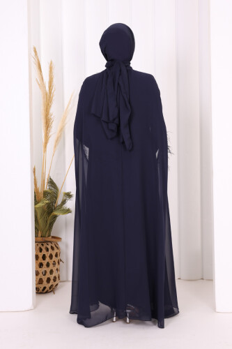 Püsküllü Yakası Taş Detaylı Abayalı Elbise Takım 8494 Lacivert - 3