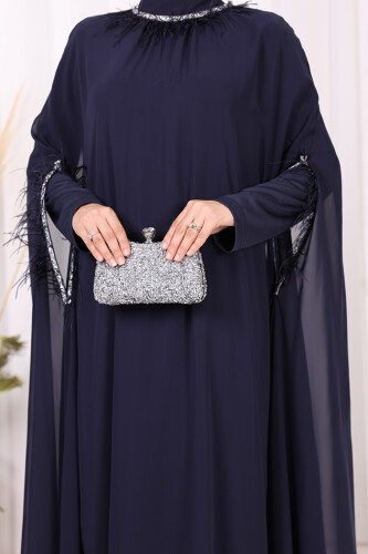Püsküllü Yakası Taş Detaylı Abayalı Elbise Takım 8494 Lacivert - 5