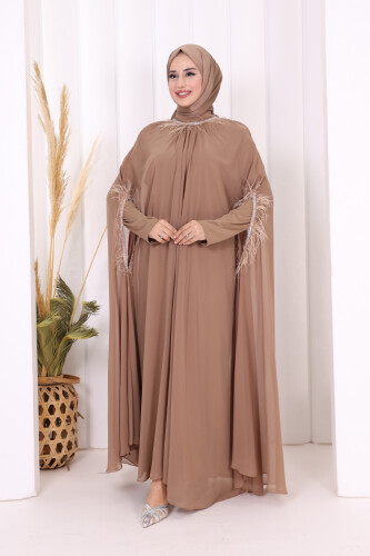 Püsküllü Yakası Taş Detaylı Abayalı Elbise Takım 8494 Vizon - Bym Fashion