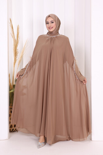 Püsküllü Yakası Taş Detaylı Abayalı Elbise Takım 8494 Vizon - 2