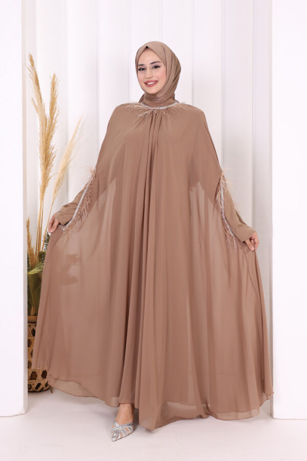 Püsküllü Yakası Taş Detaylı Abayalı Elbise Takım 8494 Vizon - 2