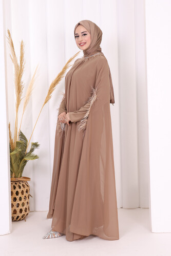 Püsküllü Yakası Taş Detaylı Abayalı Elbise Takım 8494 Vizon - 3