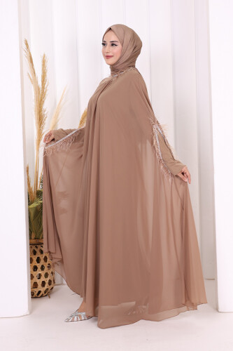 Püsküllü Yakası Taş Detaylı Abayalı Elbise Takım 8494 Vizon - 4